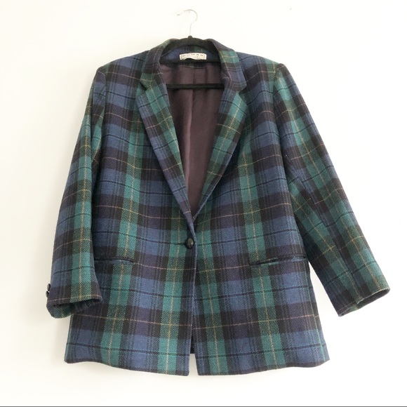 Vintage Plaid Blue & Green Blazer pockets Boxy Oversized Boyfriend - Picture 3 of 11
